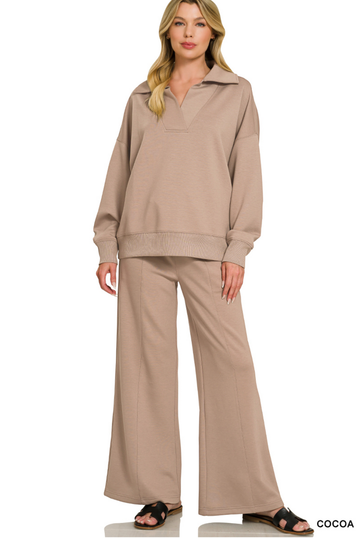 Zenana Collared Scuba Pullover & Center Seam Pant Set