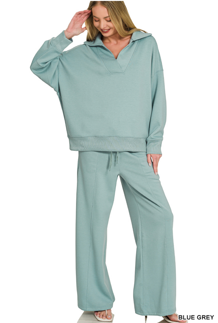 Zenana Collared Scuba Pullover & Center Seam Pant Set