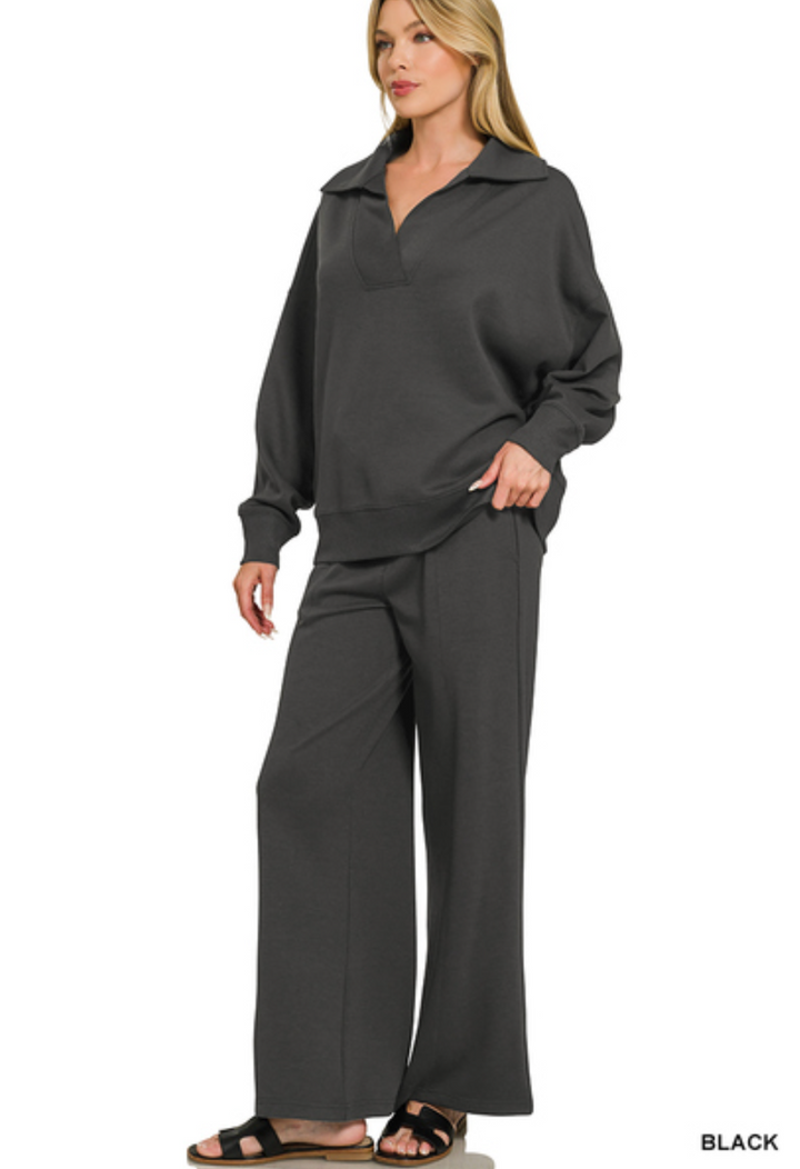 Zenana Collared Scuba Pullover & Center Seam Pant Set