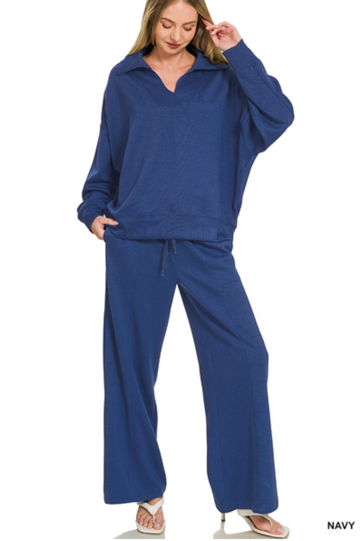 Zenana Collared Scuba Pullover & Center Seam Pant Set