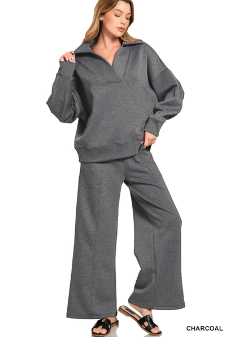 Zenana Collared Scuba Pullover & Center Seam Pant Set