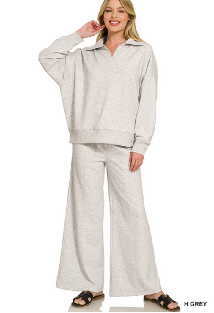 Zenana Collared Scuba Pullover & Center Seam Pant Set