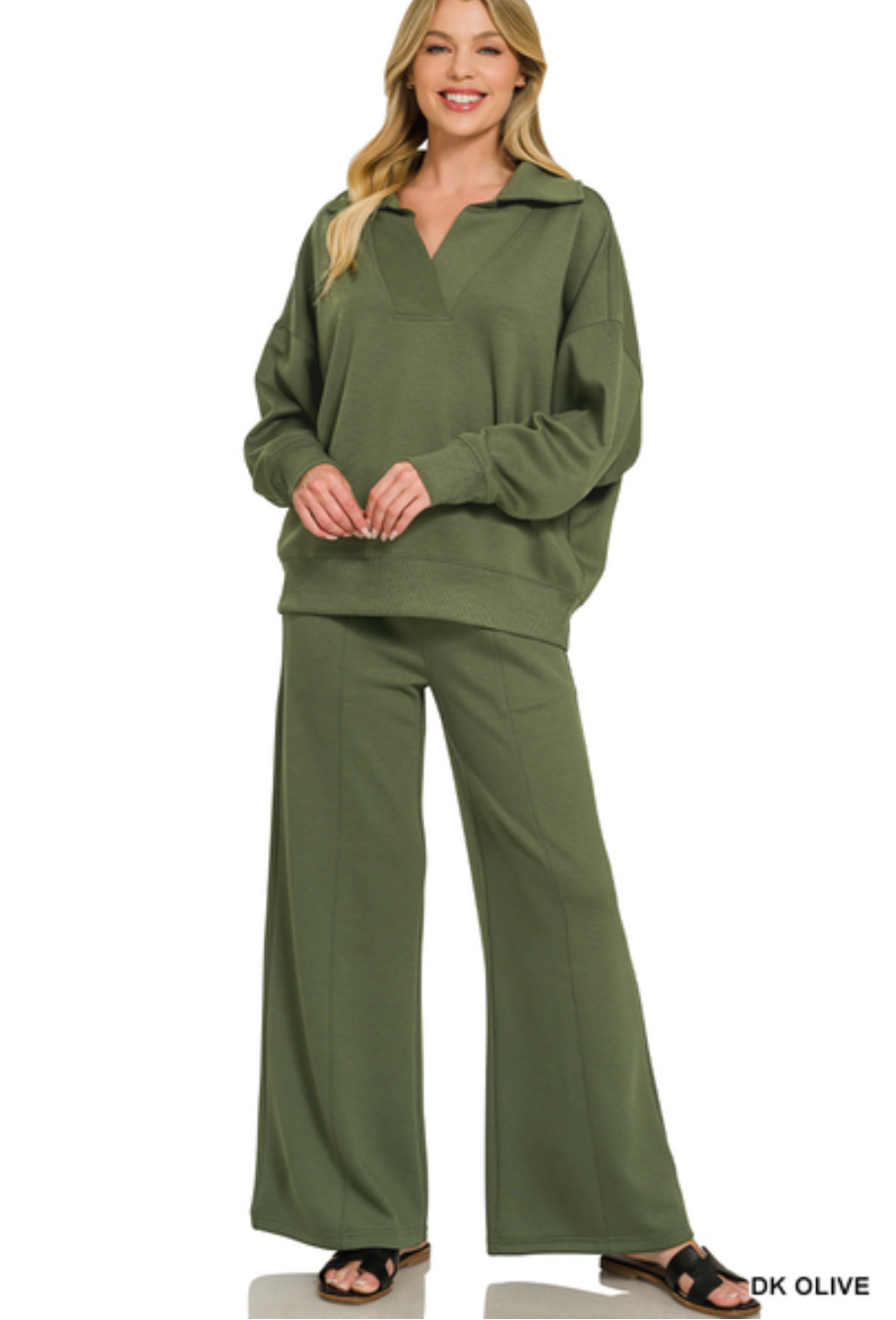 Zenana Collared Scuba Pullover & Center Seam Pant Set