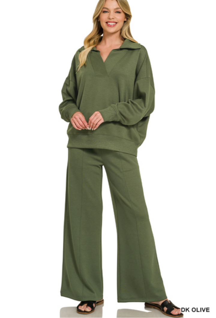 Zenana Collared Scuba Pullover & Center Seam Pant Set