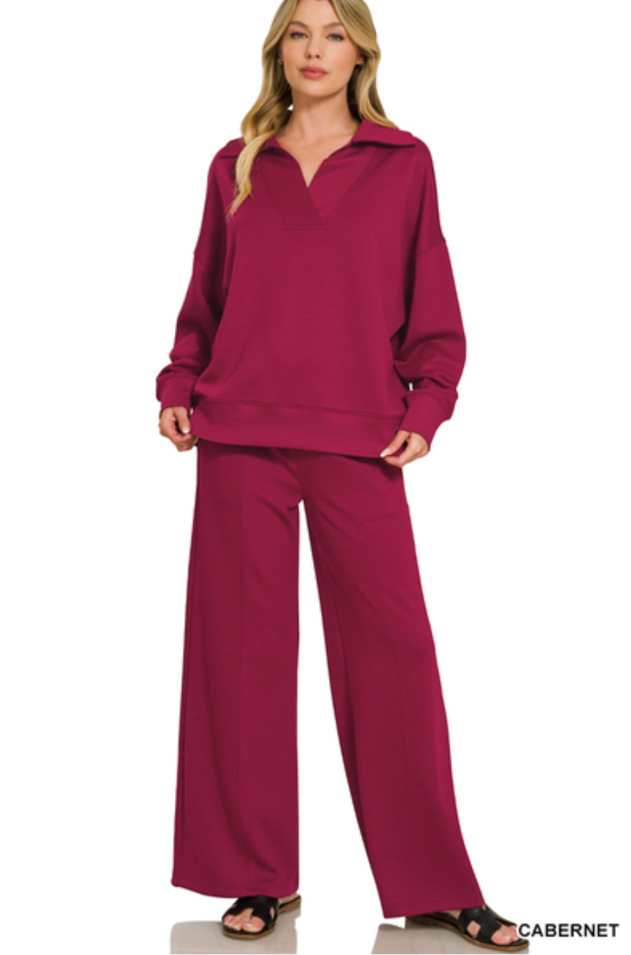Zenana Collared Scuba Pullover & Center Seam Pant Set