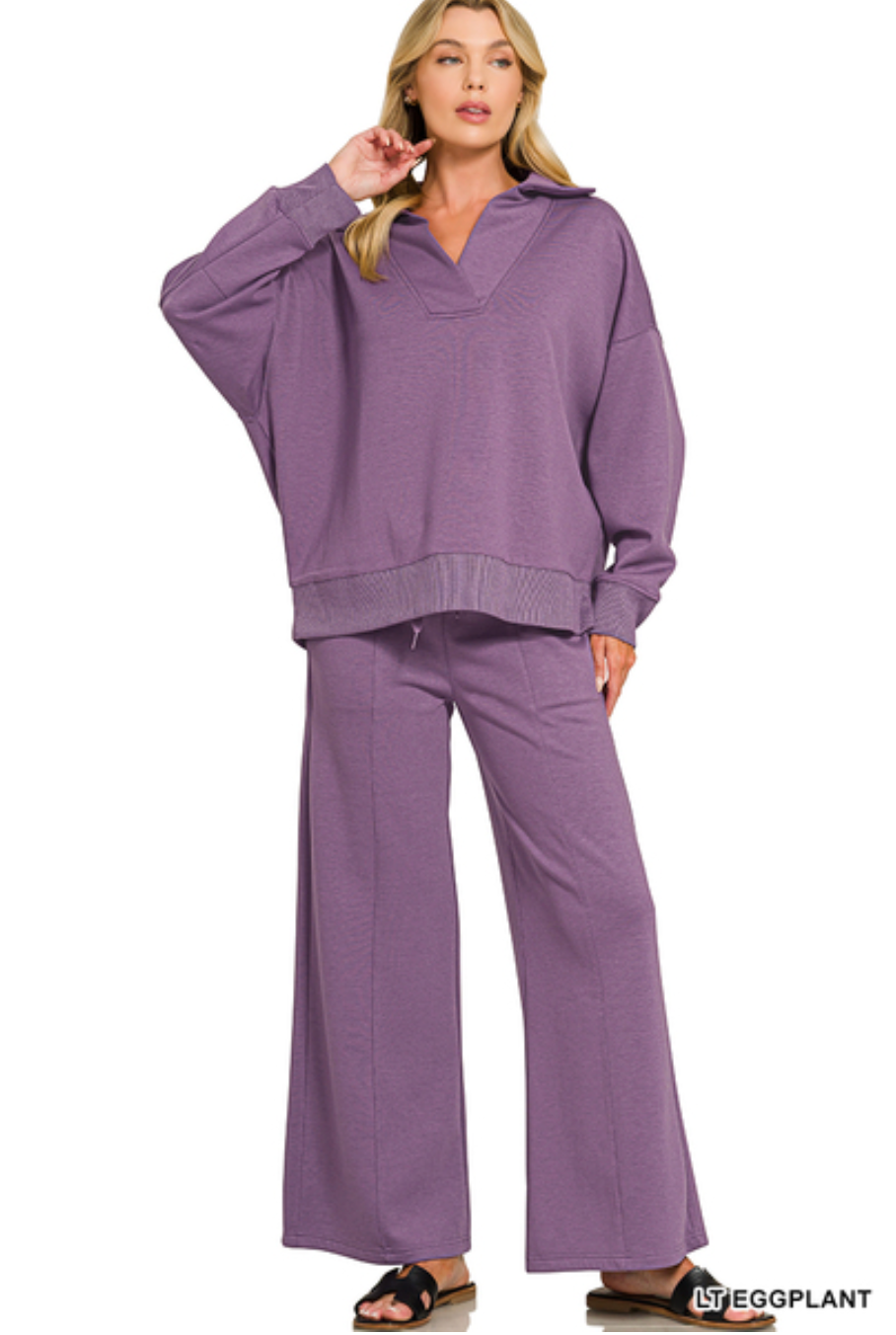 Zenana Collared Scuba Pullover & Center Seam Pant Set