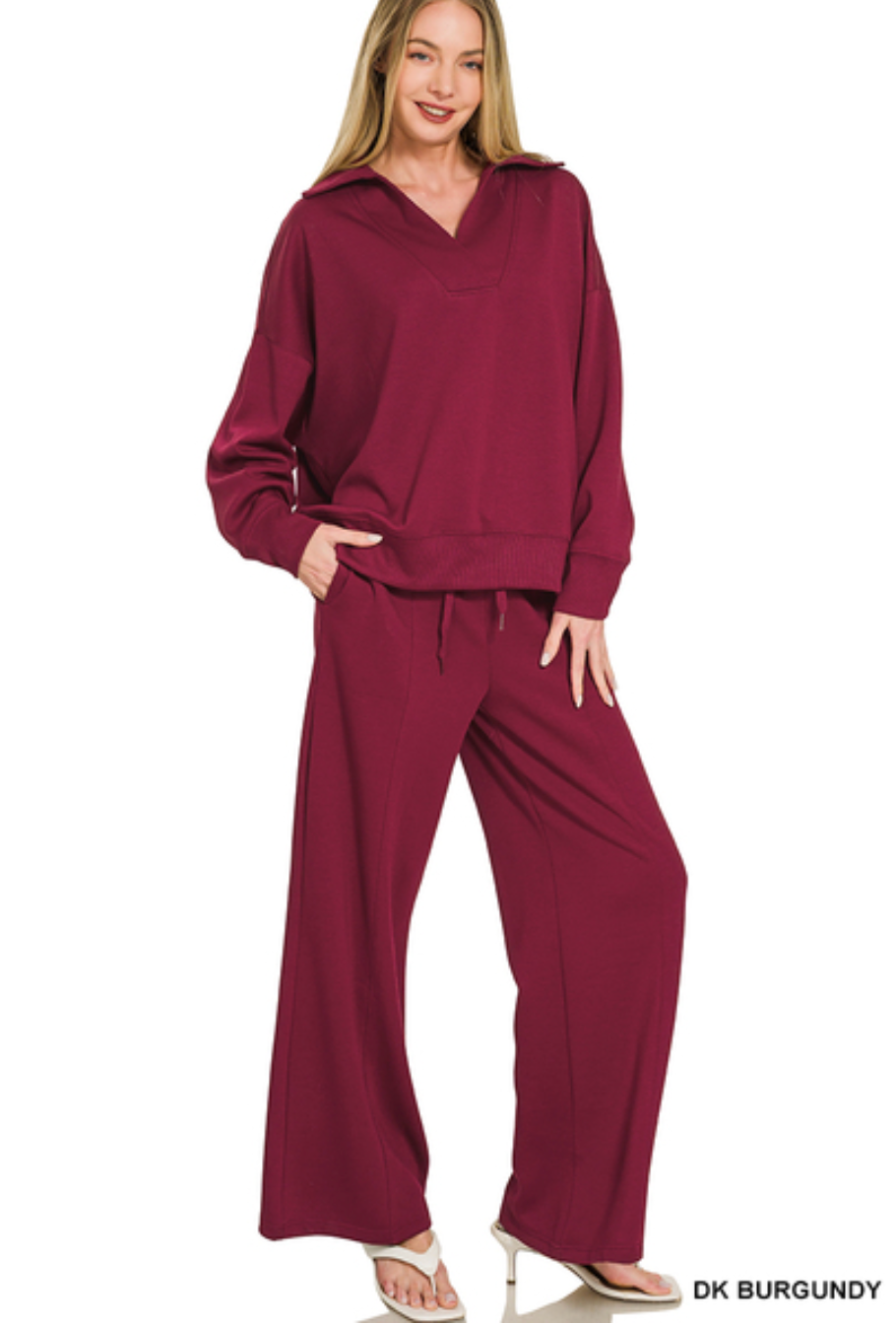 Zenana Collared Scuba Pullover & Center Seam Pant Set