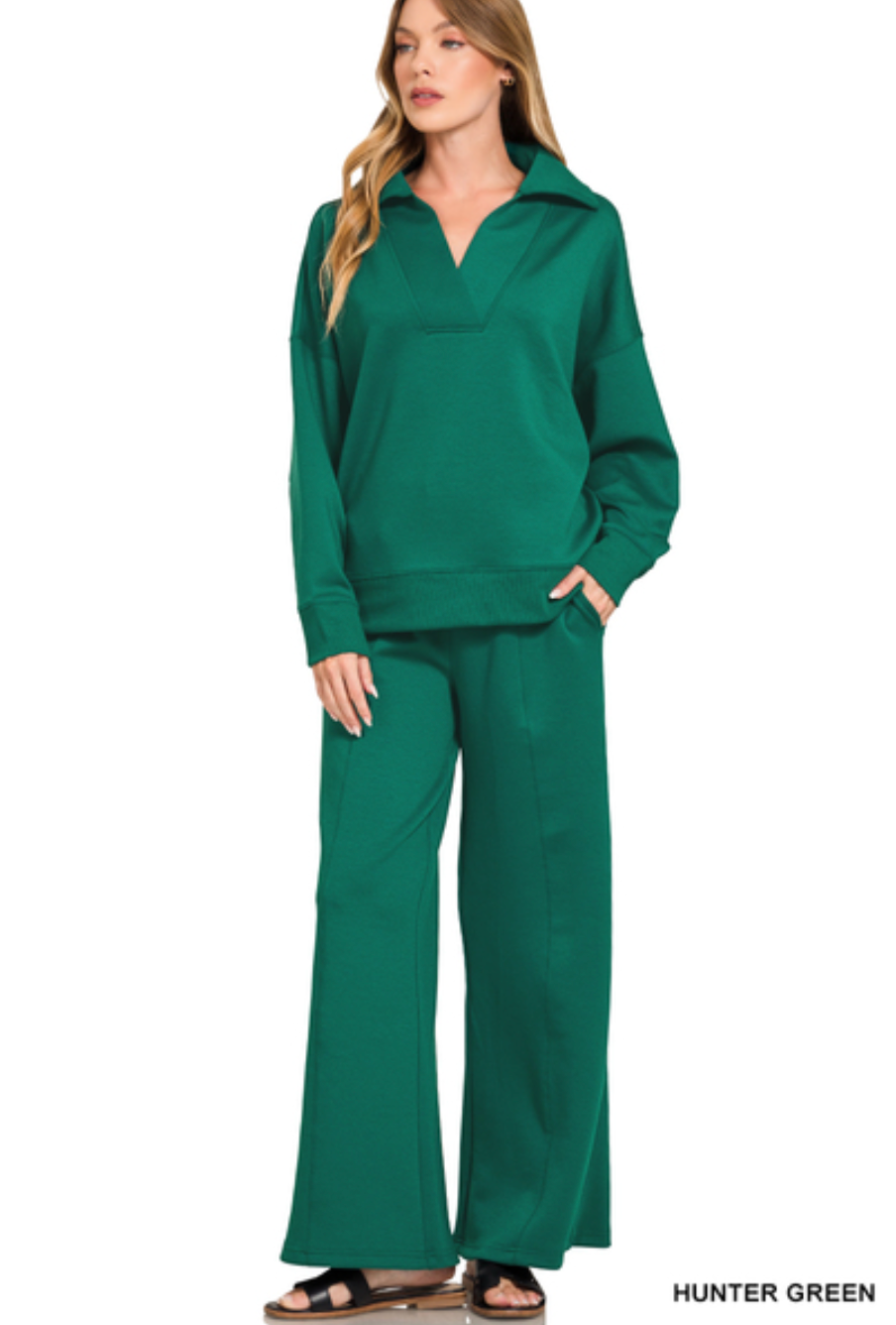 Zenana Collared Scuba Pullover & Center Seam Pant Set
