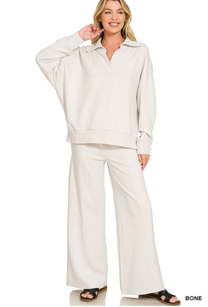 Zenana Collared Scuba Pullover & Center Seam Pant Set