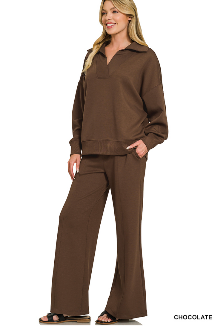 Zenana Collared Scuba Pullover & Center Seam Pant Set