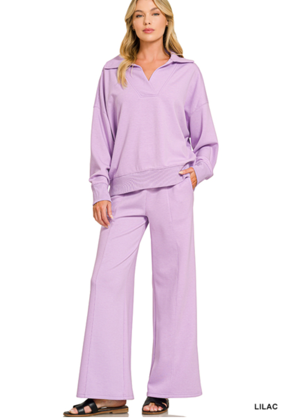 Zenana Collared Scuba Pullover & Center Seam Pant Set