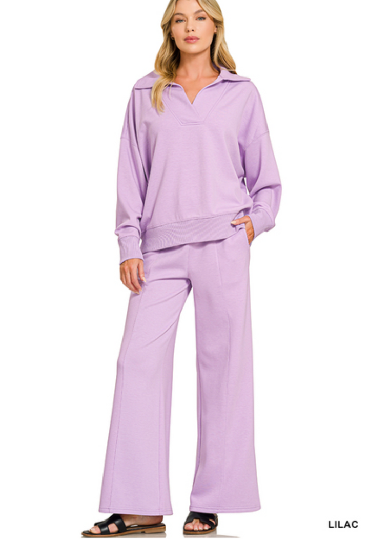 Zenana Collared Scuba Pullover & Center Seam Pant Set