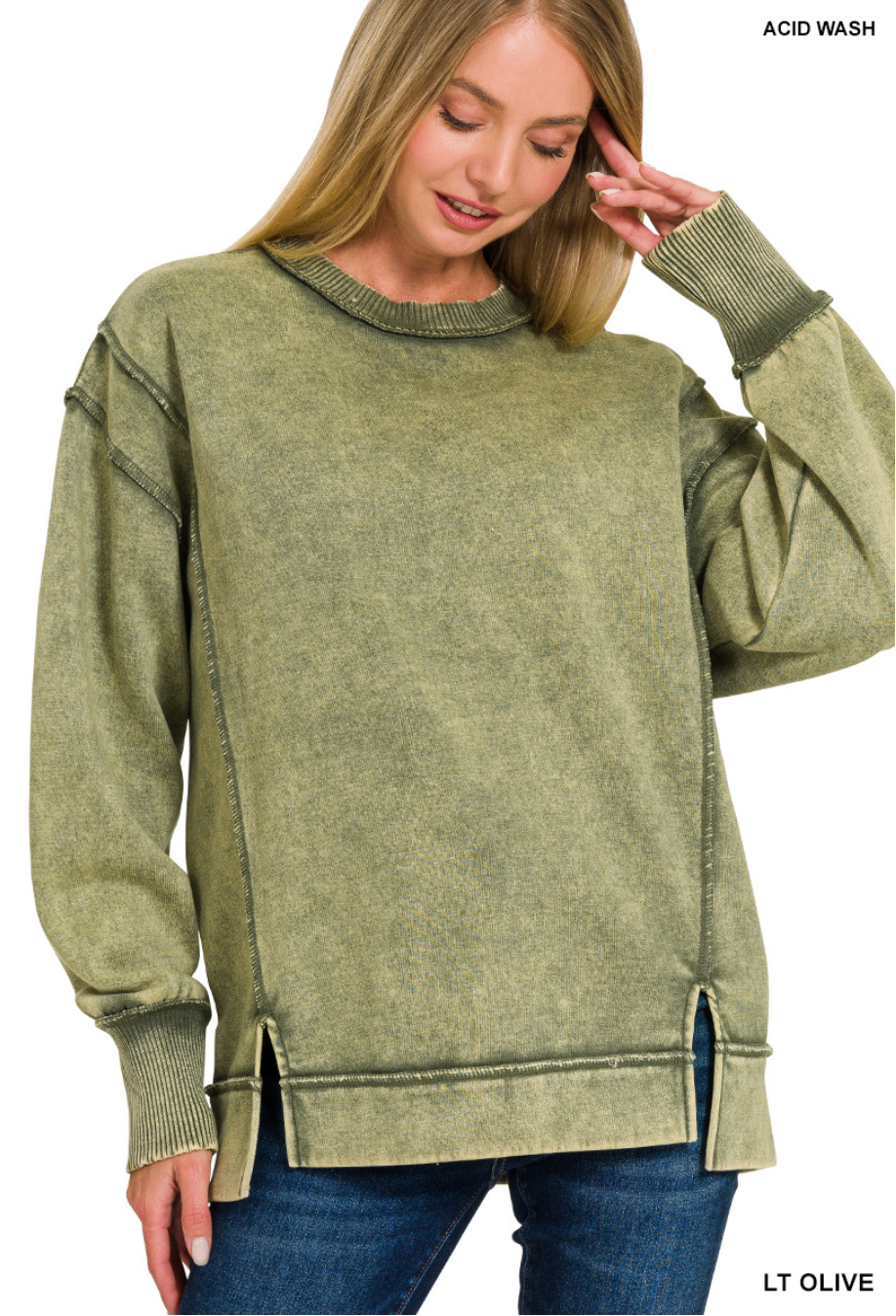 Zenana Acid Wash Exposed Seam Fleece Sweatshirt