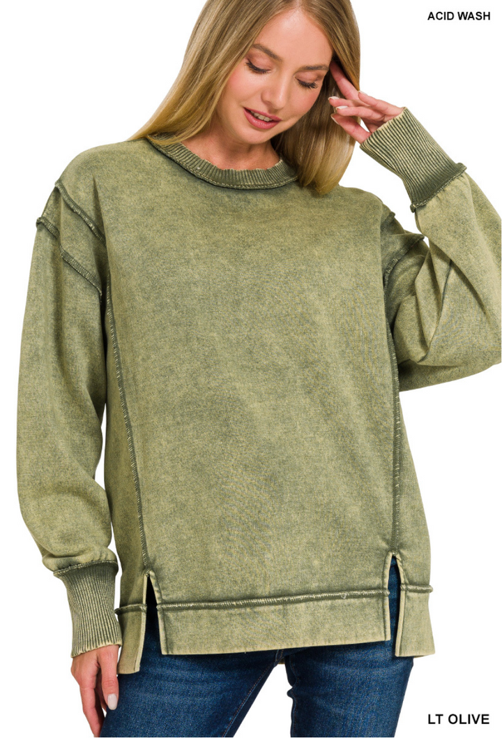Zenana Acid Wash Exposed Seam Fleece Sweatshirt
