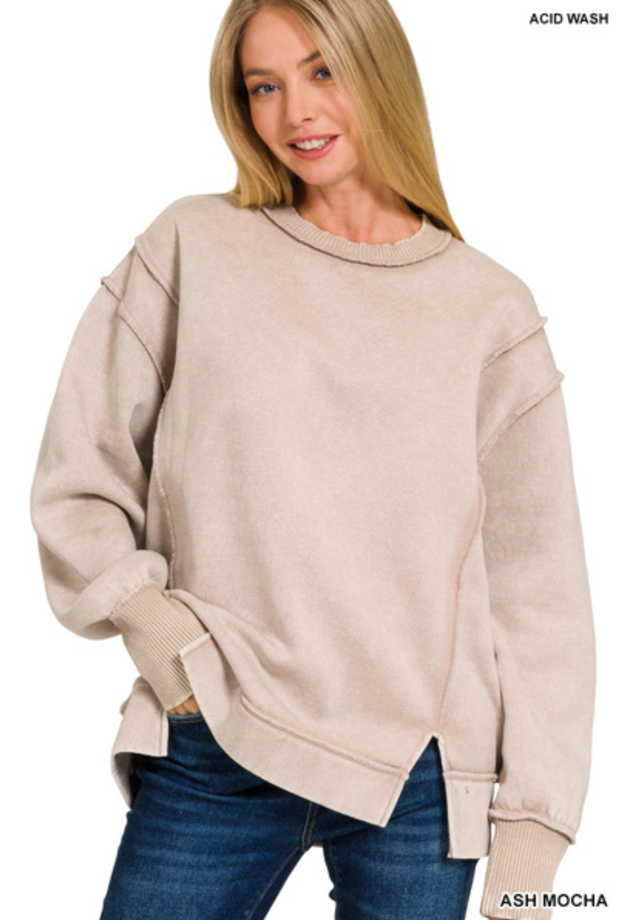 Zenana Acid Wash Exposed Seam Fleece Sweatshirt