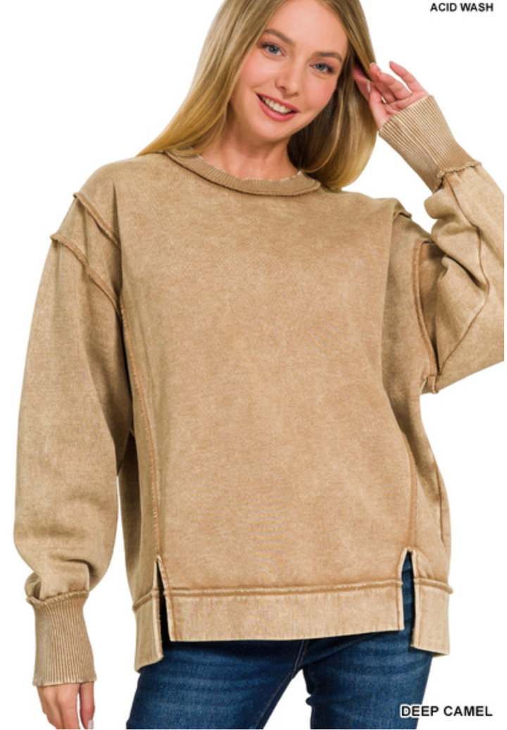 Zenana Acid Wash Exposed Seam Fleece Sweatshirt