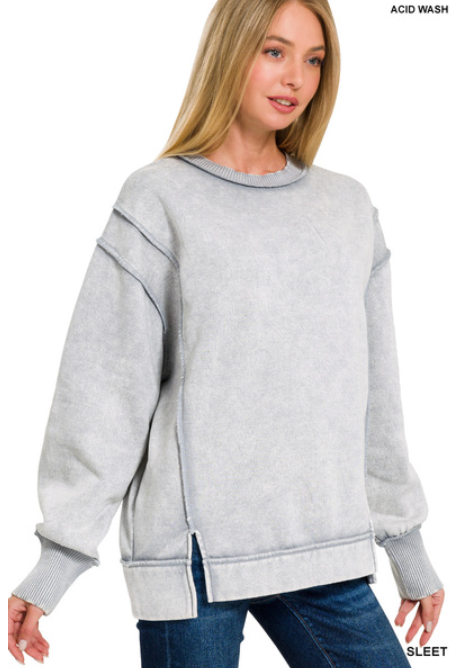 Zenana Acid Wash Exposed Seam Fleece Sweatshirt