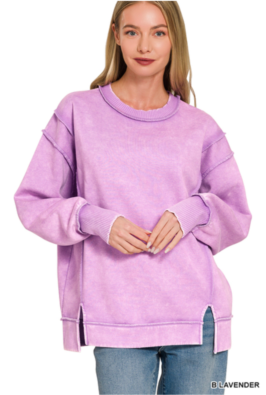 Zenana Acid Wash Exposed Seam Fleece Sweatshirt