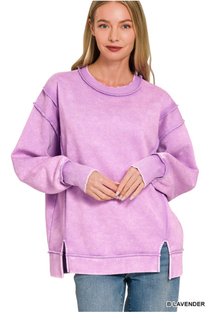 Zenana Acid Wash Exposed Seam Fleece Sweatshirt