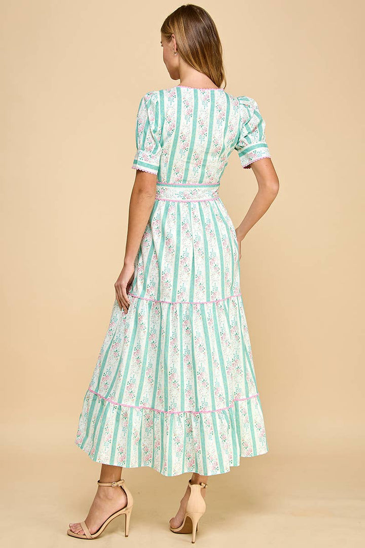 Striped Floral Cinched Waist Midi Dress