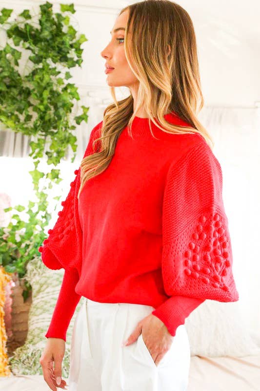Round Neck Pom Pom Balloon Long-Sleeve Knit Sweater