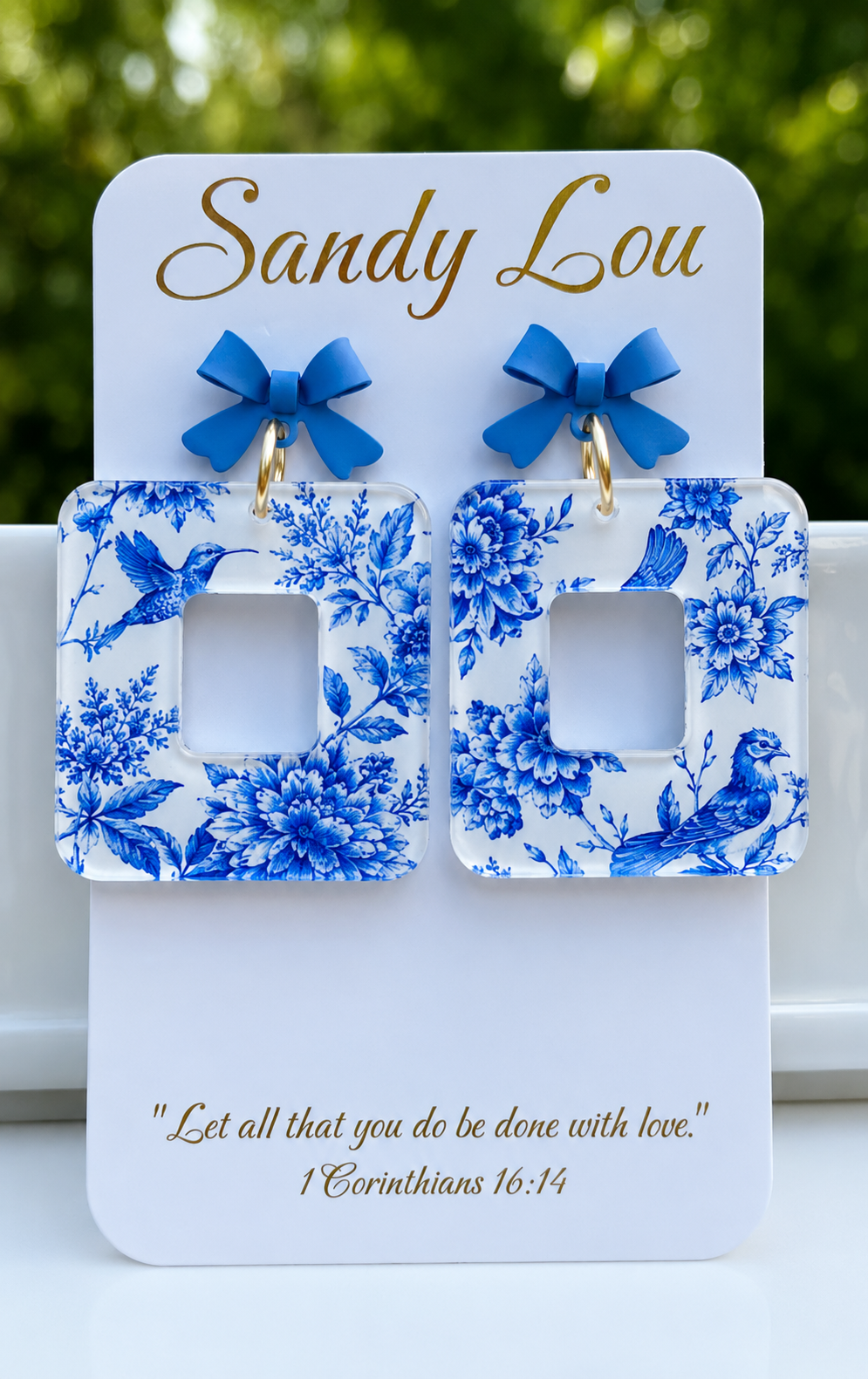 Blue Chinoiserie Floral Square Acrylic Earrings bow studs