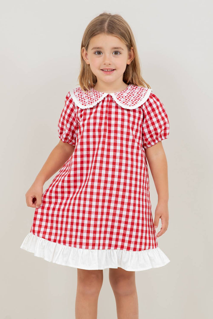 VOY Children’s Collared Plaid Print Puff Sleeve Dress