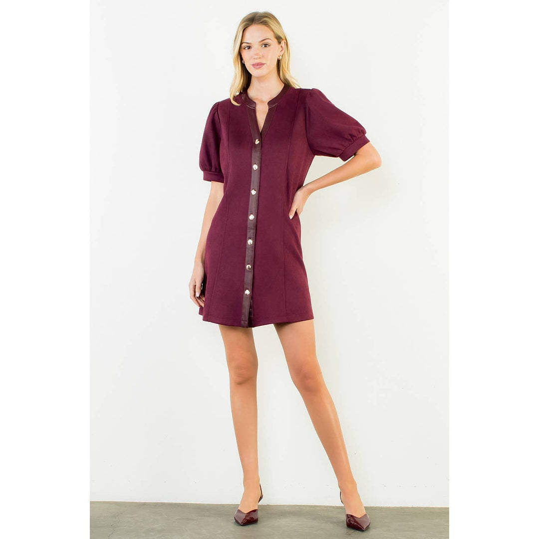 Burgundy Suede Short Dress With Gold Buttons