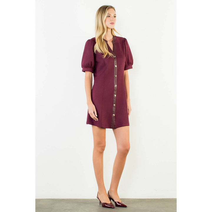 Burgundy Suede Short Dress With Gold Buttons