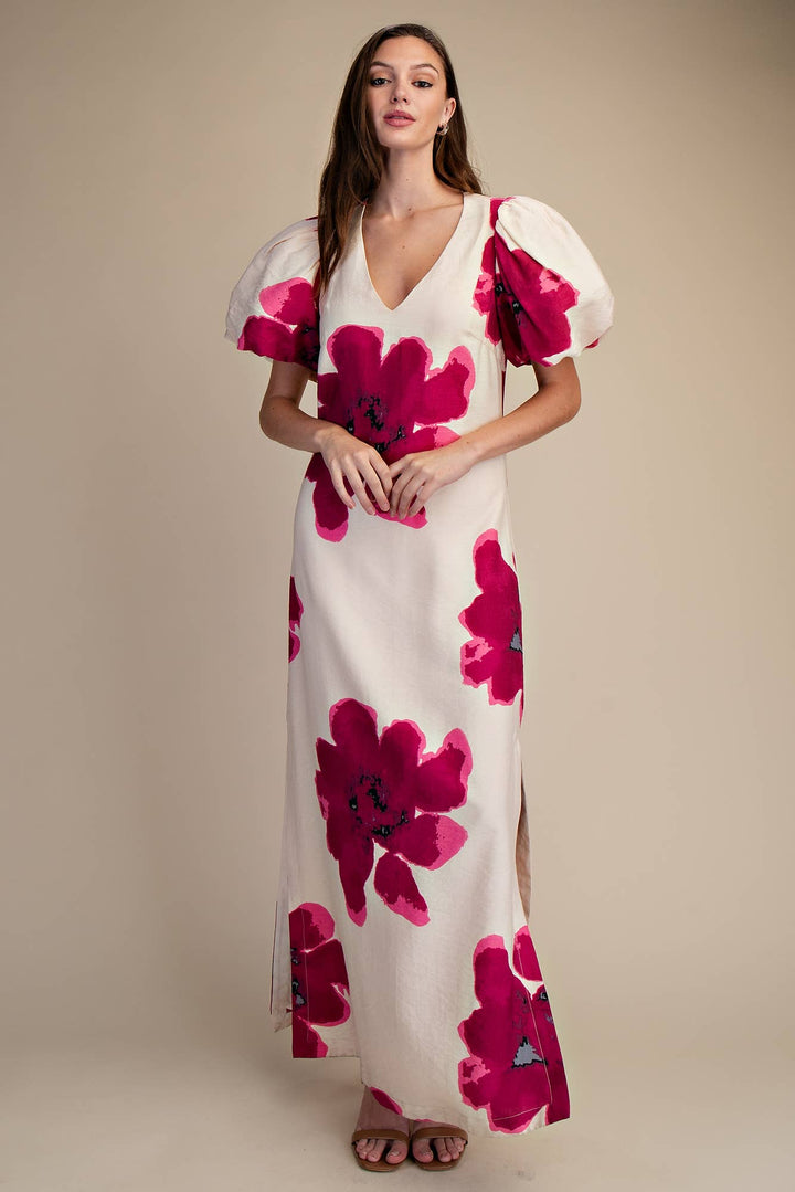 Glam Floral Puff-Sleeve A-Line Maxi Dress