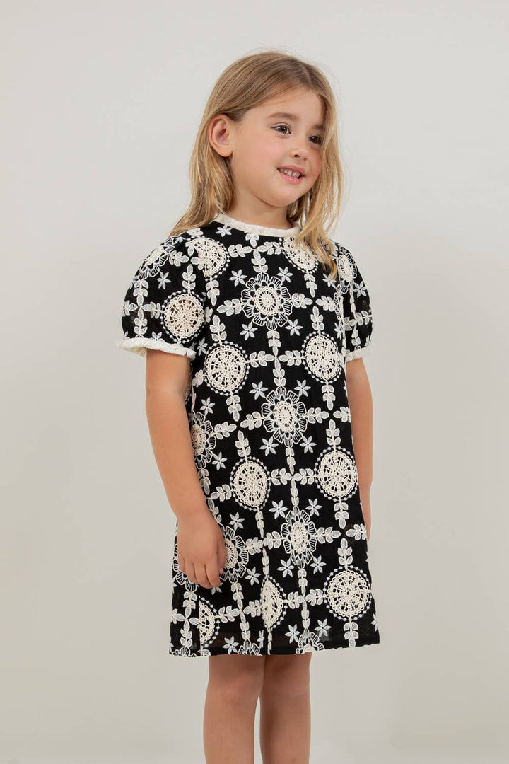 VOY Children’s Floral Embroidered Short Sleeve Dress- Black and Cream