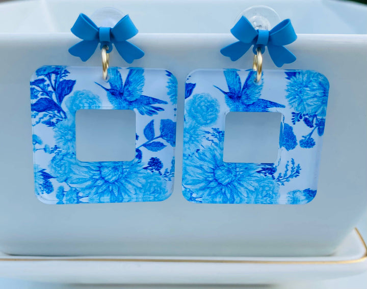 Blue Chinoiserie Floral Square Acrylic Earrings bow studs