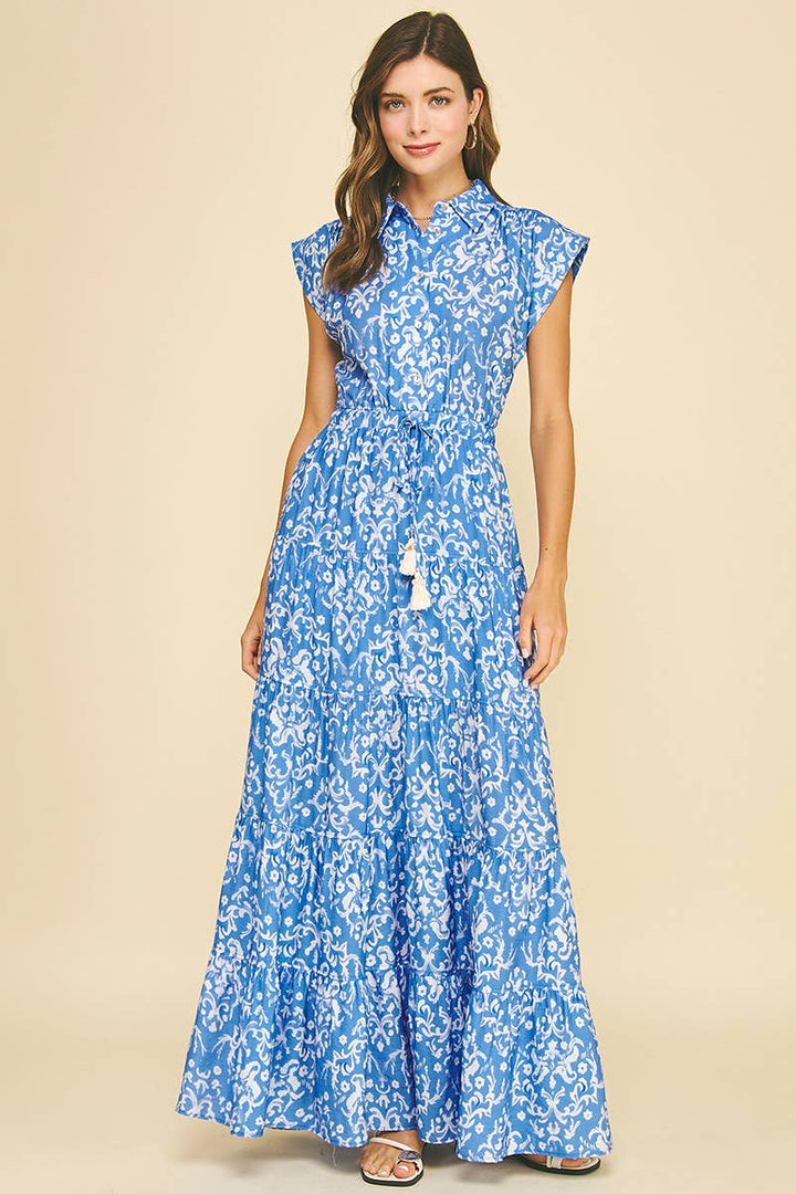 Pinch Damask Print Tiered Maxi Dress