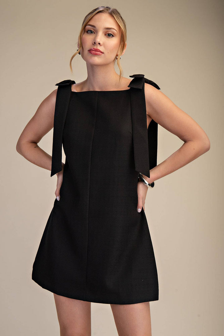 Bow Strap Mini Dress With Straight Neckline