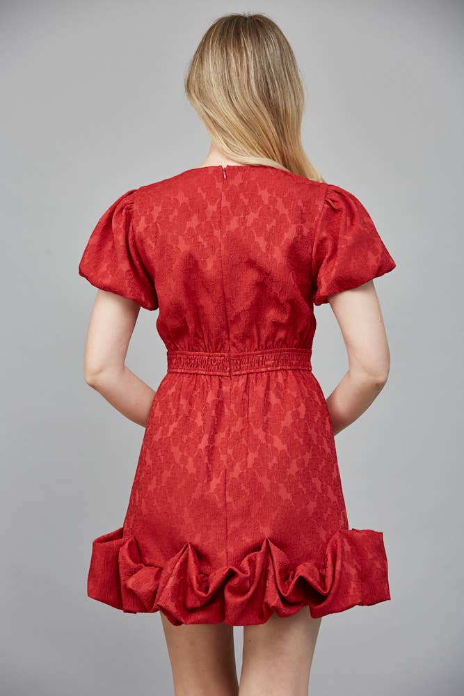 Fate Jacquard Fabric Short Puff Sleeve Ruffle Dress- Red