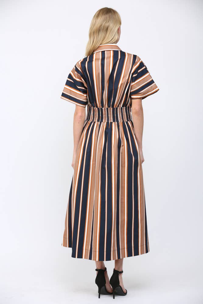 STRIPE PRINT CINCHED WAIST DOLMAN SLV SHIRT DRESS FD35727