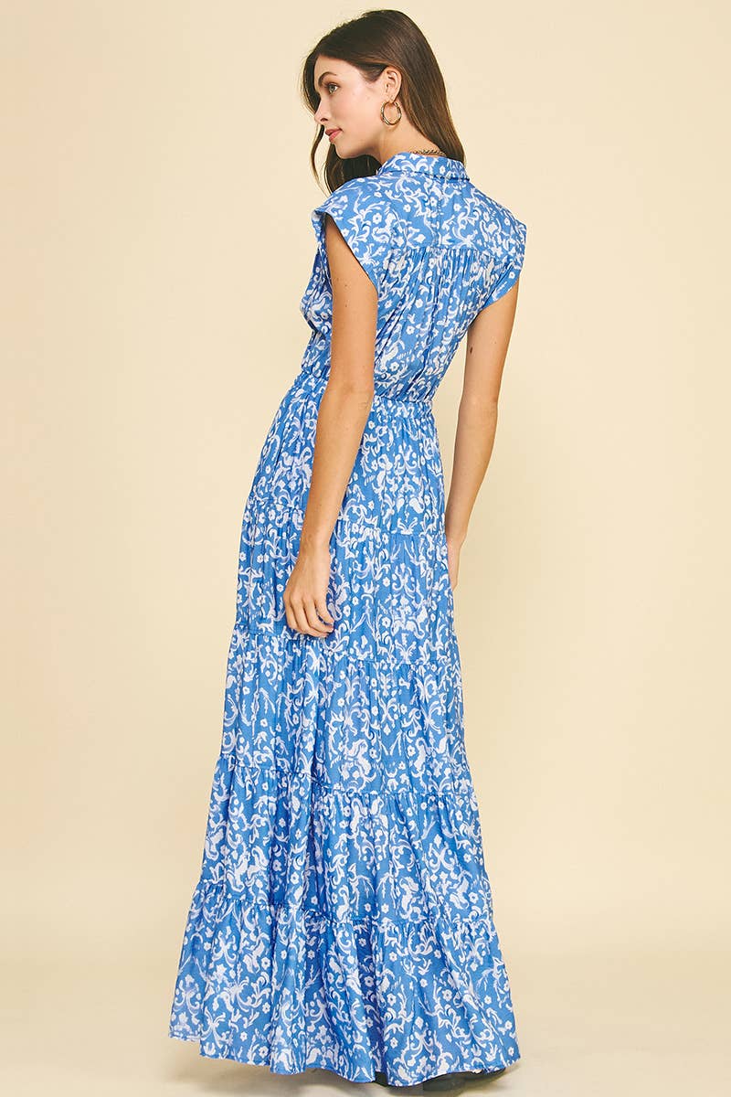 Pinch Damask Print Tiered Maxi Dress