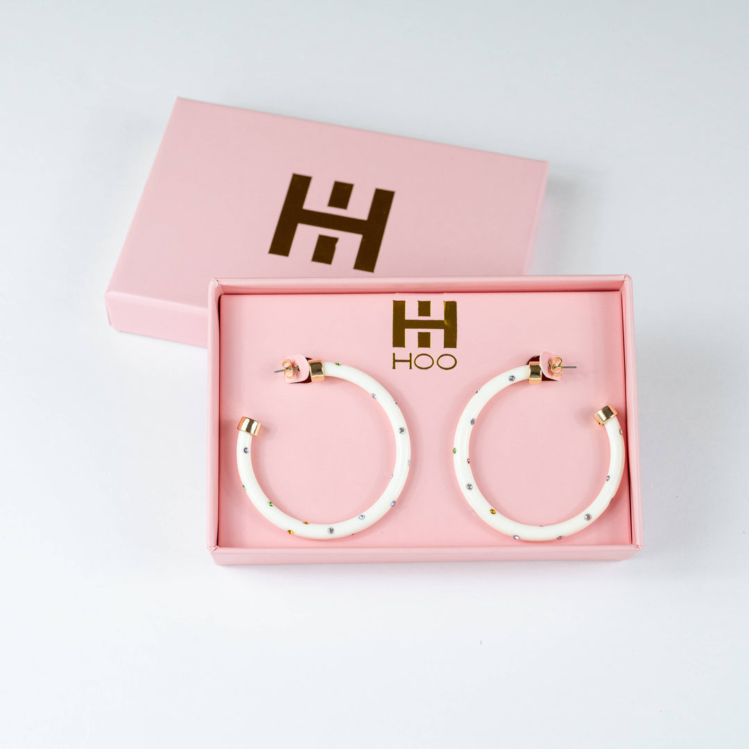 Hoo Hoops Lightweight Large Hoop Earrings - White with Rhinestones