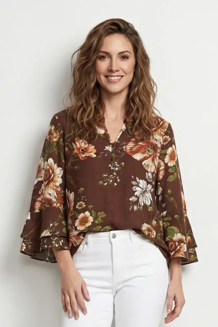 Linique Floral Ruffle Sleeve Button Front Top