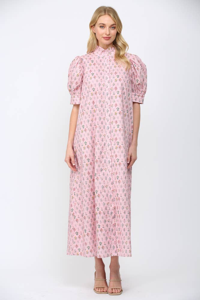 Fate Floral Hight Ruffled Mock Neck Button Down Maxi Dress