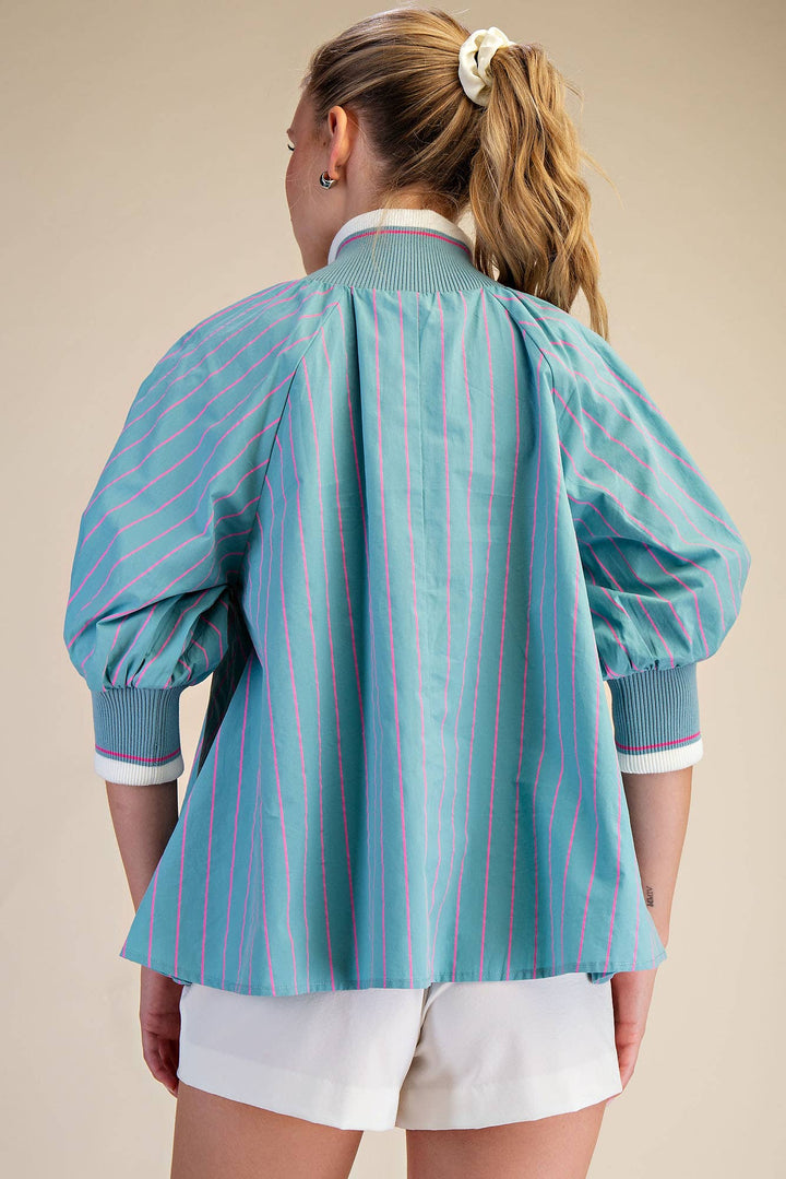 Glam Mint Mock Neck Puff Sleeve Blouse