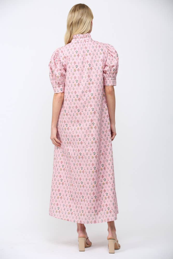 Fate Floral Hight Ruffled Mock Neck Button Down Maxi Dress