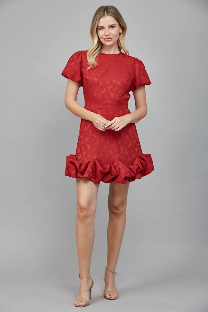Fate Jacquard Fabric Short Puff Sleeve Ruffle Dress- Red