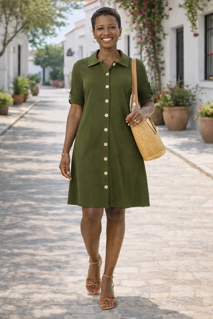 Millennium Dark Olive Button Front Roll Tab Shirt Dress