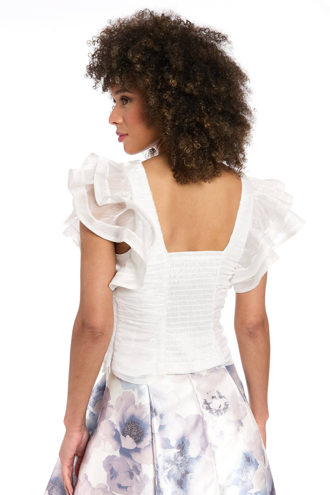 Muse V-Neck Tucked Bodice Flounce Sleeve Top