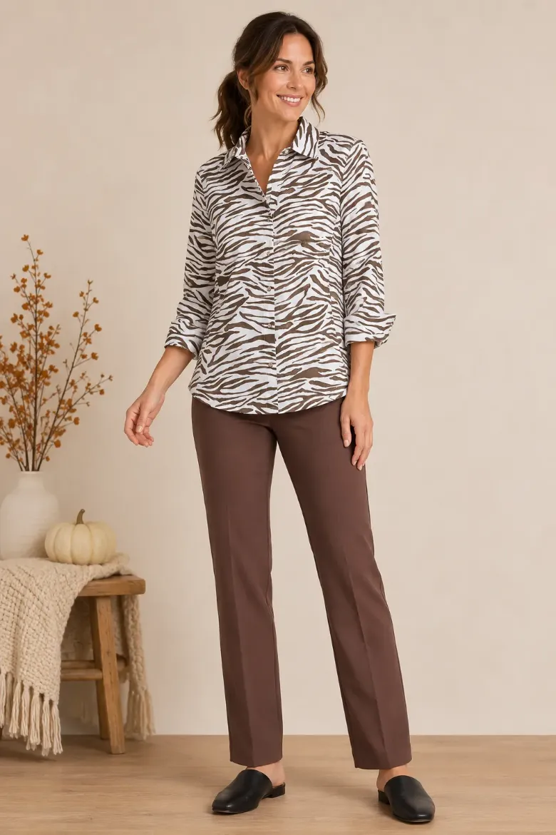 ZEBRA POPLIN BUTTON DOWN RIBBED KNIT SIDES TOP