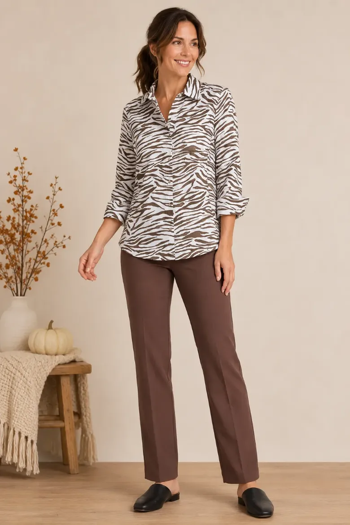 ZEBRA POPLIN BUTTON DOWN RIBBED KNIT SIDES TOP
