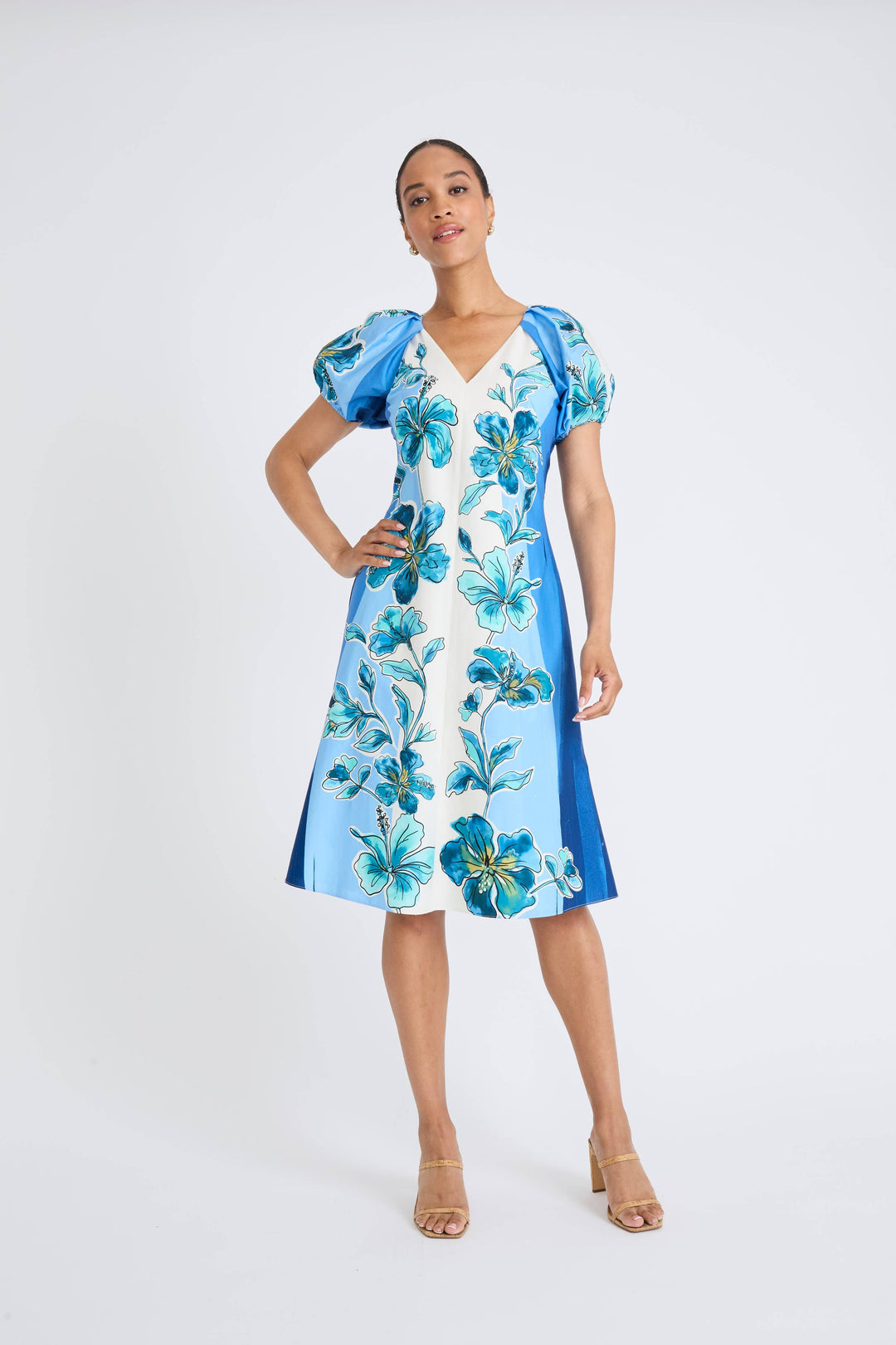 Maggy London Deep Blue/Aqua V-Neck Midi Dress