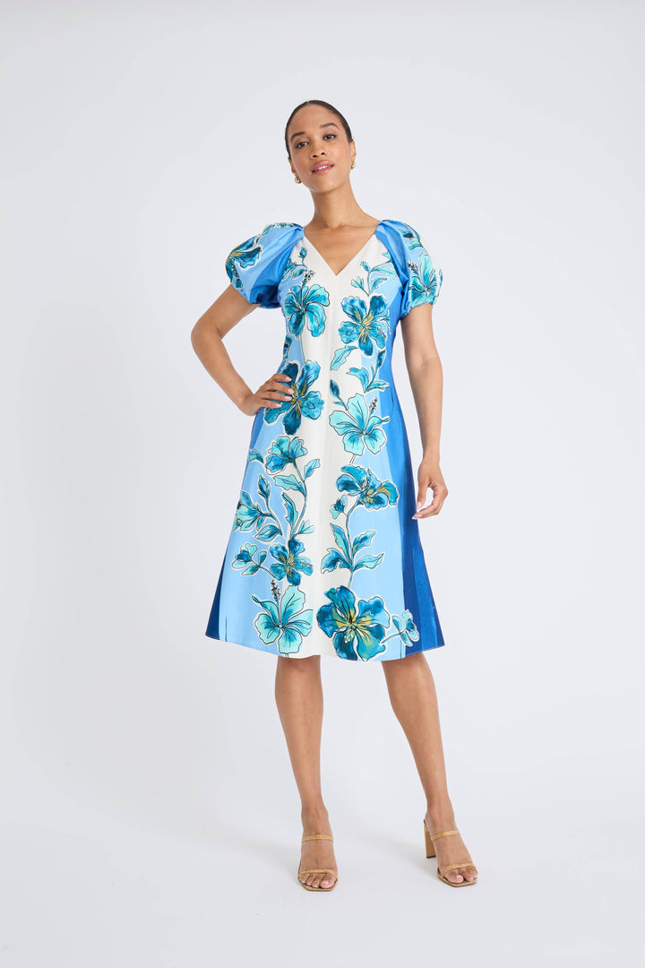 Maggy London Deep Blue/Aqua V-Neck Midi Dress
