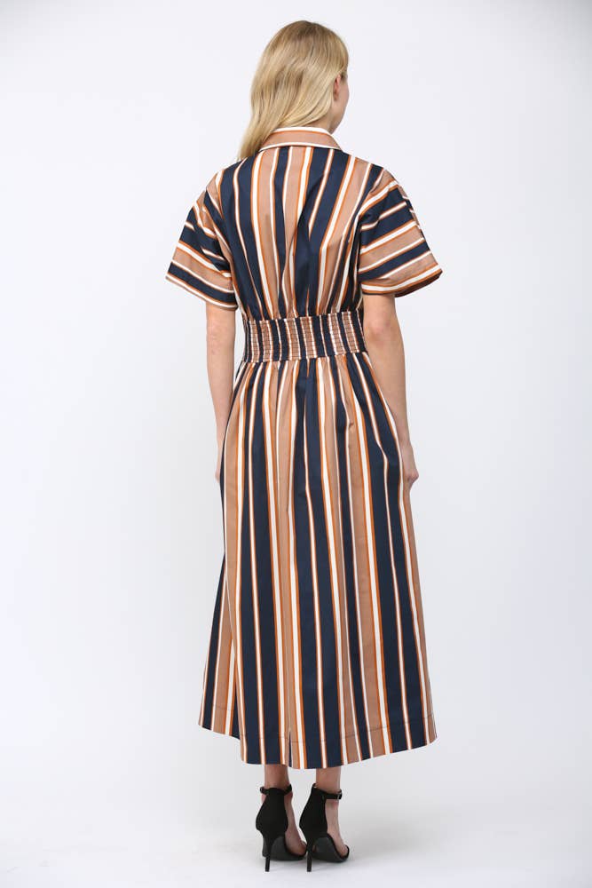 STRIPE PRINT CINCHED WAIST DOLMAN SLV SHIRT DRESS FD35727